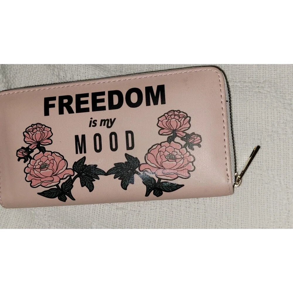Pink Zip Around Wallet Faux Leather Card Slots Pockets Freedom is my Mood Floral